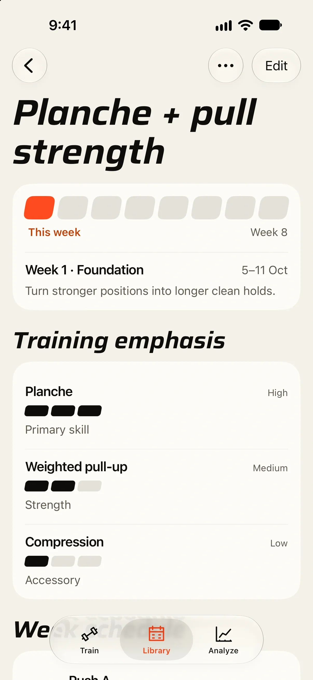 Strict showing the program Planche + pull strength: week 1 of 8 this week, with planche as the high training emphasis.