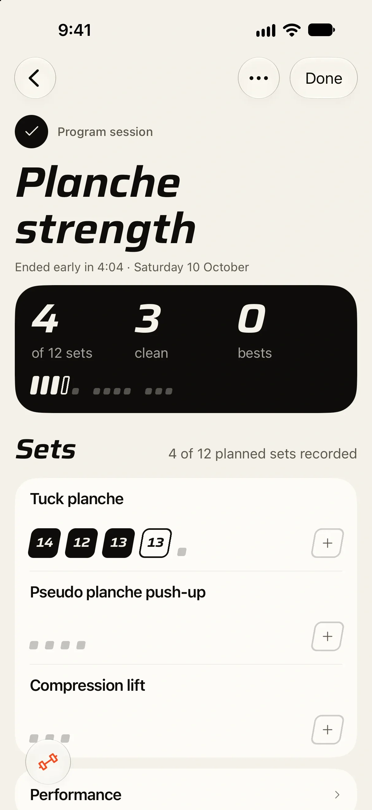 Strict's review after finishing: 4 of 12 sets, 3 clean, with every set drawn as a stroke and the form-broken hold outlined.